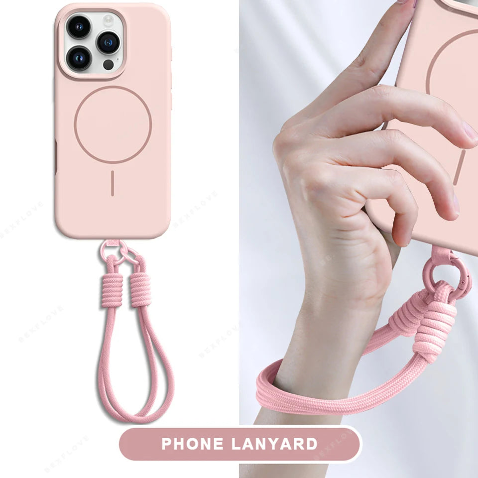 New Magnetic Lanyard Phone Case For iPhone 15 14 16 Plus 11 12 13 16 Pro Max Magsafe Liquid Silicone Strap Protector Soft Cover