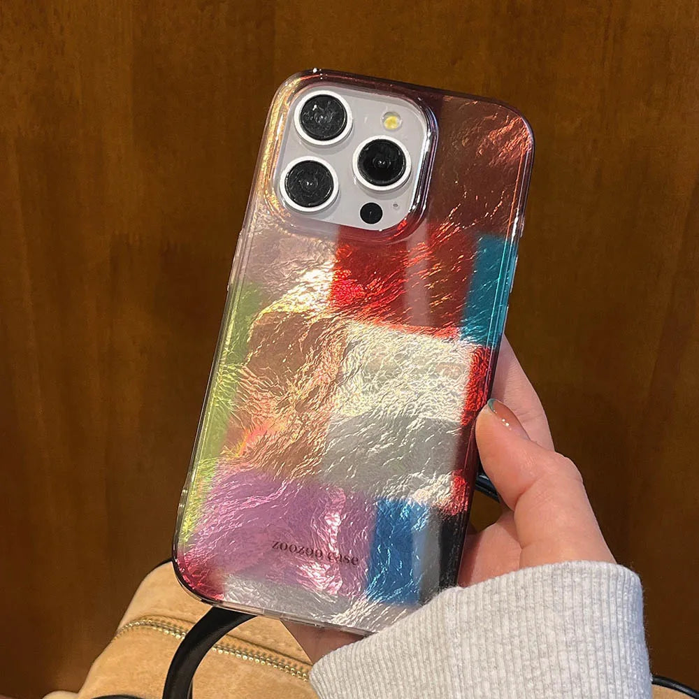 Vortex Pattern Color Grid Splicing Case For iPhone 16 Pro Max 15 14 13 12 Cover Cute Dopamine Color Block Match Plaid Soft Phone