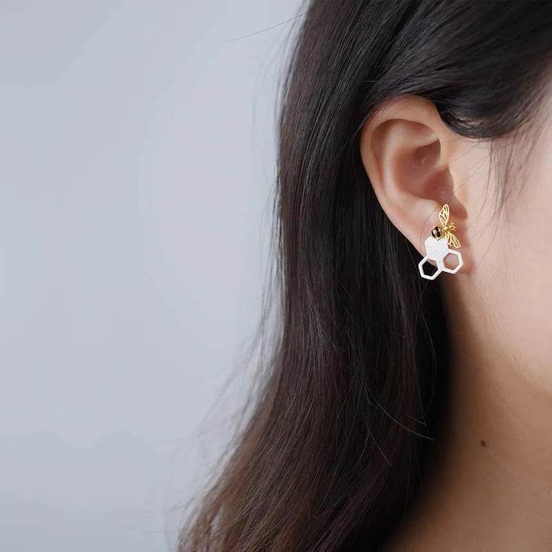 Lotus Fun 18K Gold Unusual Asymmetrical New Honeycomb and Bee Stud Earrings for Women Original Real 925 Sterling Silver Jewelry - Touchy Style