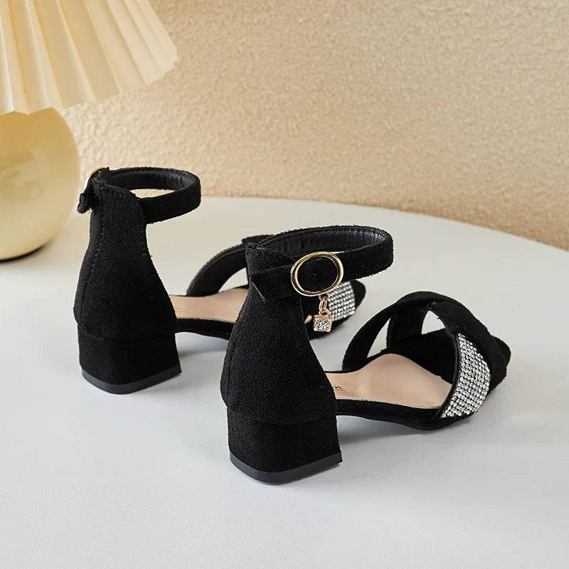 Children Sandals for Girls Rhinestones Toes Wrapped Chic Low Heels 2023 Sweet Princess Mary Janes for Party Wedding Shows Simple - Touchy Style
