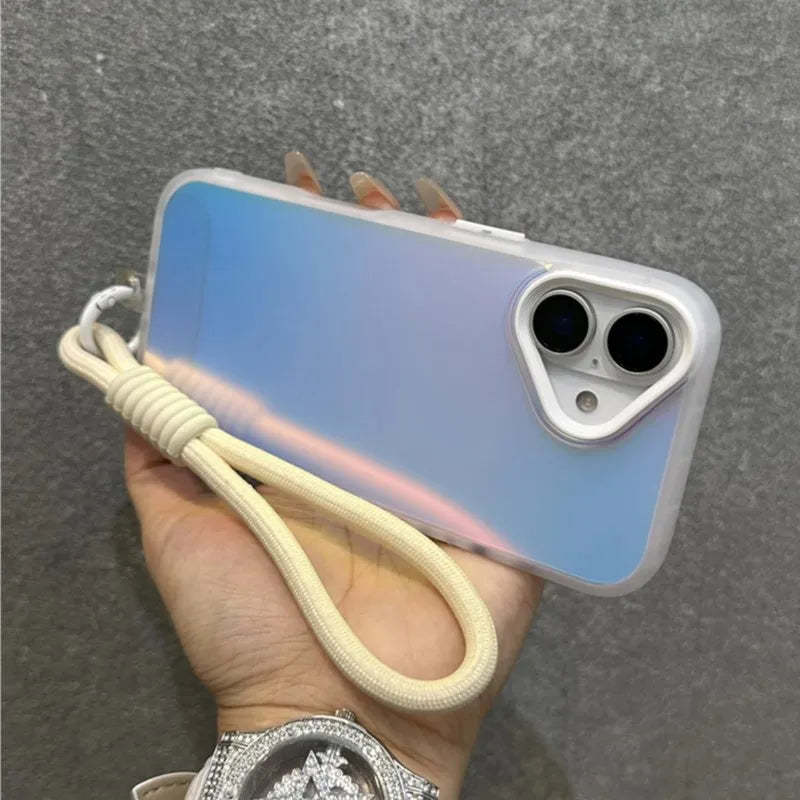 Glitter Laser Matte Wrist Strap Case For iPhone 16 15 14 13 12 11 Pro Max 8 7 Plus XR XS X SE Colorful Lanyard Shockproof Cover