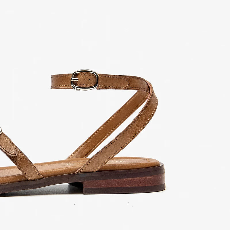 BEAUTODAY Fashion Sandals Women Cow Leather Buckle Strap Open Toe Solid Color Casual Ladies Flat Shoes Handmade 32403