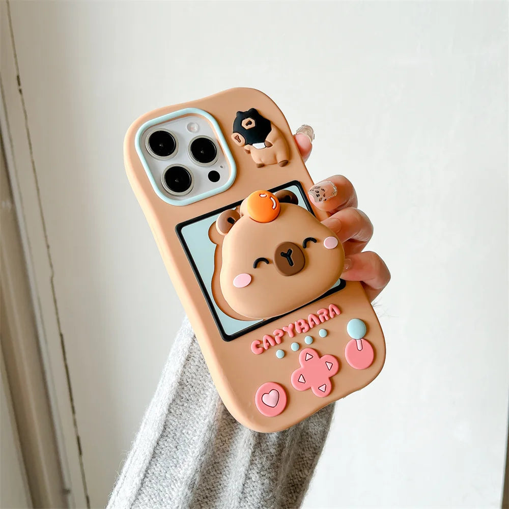 Lovely 3D Capybara Hidden Holder Stand Silicone Phone Case For iPhone 11 12 13 14 15 16 Pro Max Plus Cute Girl Cover
