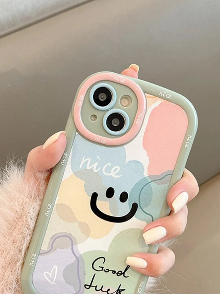 حافظات هواتف لطيفة لهواتف iPhone 15 و14 Pro Max و13 و12 و11 وطرازات Mini - إطار متموج، عدسة نافذة دفع كرتونية واقية - TSP374