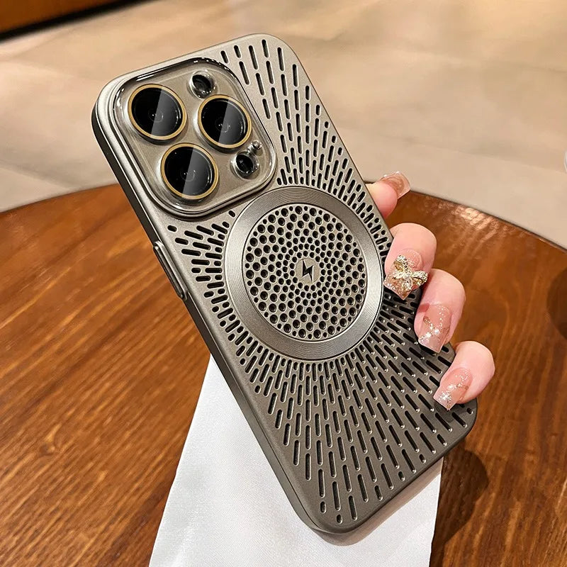 Titanium Heat dissipation Hollow Cases For iPhone 16 Pro Max 14 12 13 15 Pro Max Plus Magnetic Lens protection For Magsafe Cover