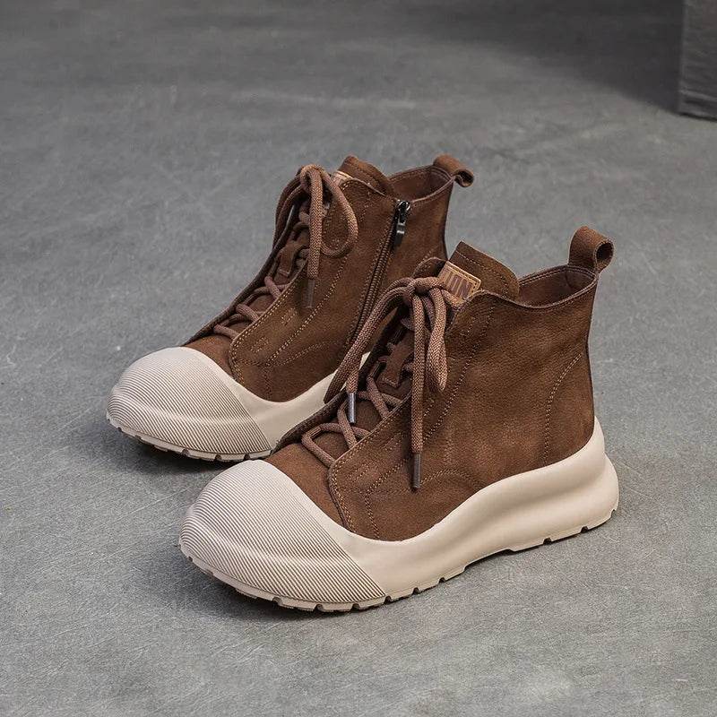 Autumn Retro Genuine Leather Short Boots Lace-Up High Top Comfortable Sneakers Thick Sole Platform Women&