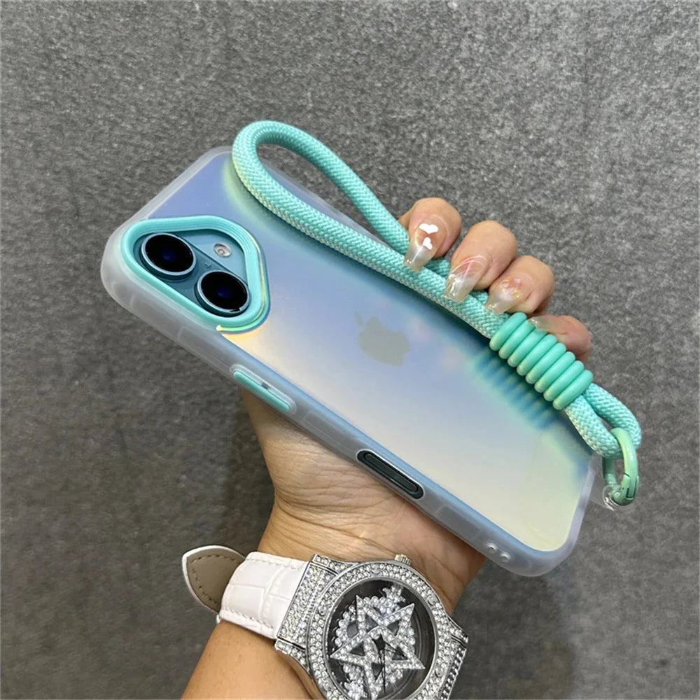 Glitter Laser Matte Wrist Strap Case For iPhone 16 15 14 13 12 11 Pro Max 8 7 Plus XR XS X SE Colorful Lanyard Shockproof Cover