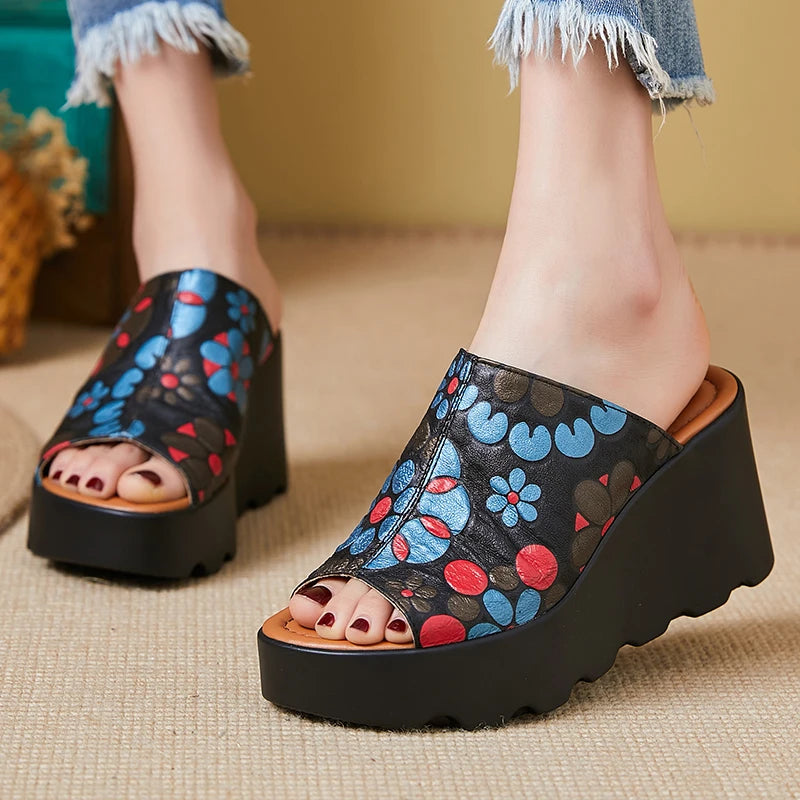 Genuine Leather Flowers Women Fashion Slippers Sandals New Summer Thick Sole High Heel Silppers Outer Wear Sandals