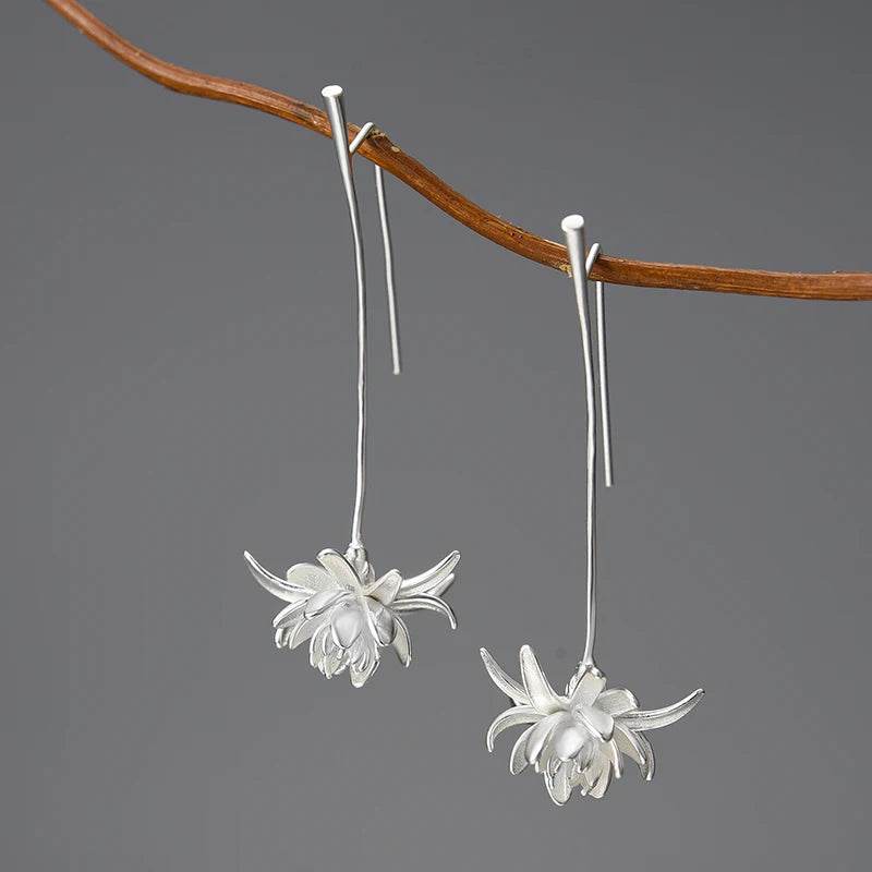 Lotus Fun 18K Gold Night-Blooming Cereus Flower Long Dangle Earrings for Women 925 Sterling Silver Original Luxury Fine Jewelry - Touchy Style