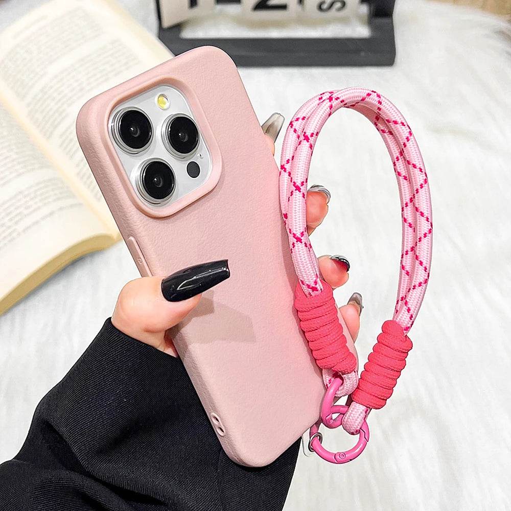 Lanyard Strap Rope Silicone Phone Case For iPhone 13 11 15 12 14 16 Pro Max Plus Soft Candy Color Lichee Pattern Leather Cover
