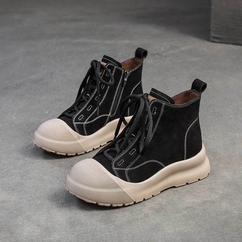 Autumn Retro Genuine Leather Short Boots Lace-Up High Top Comfortable Sneakers Thick Sole Platform Women&
