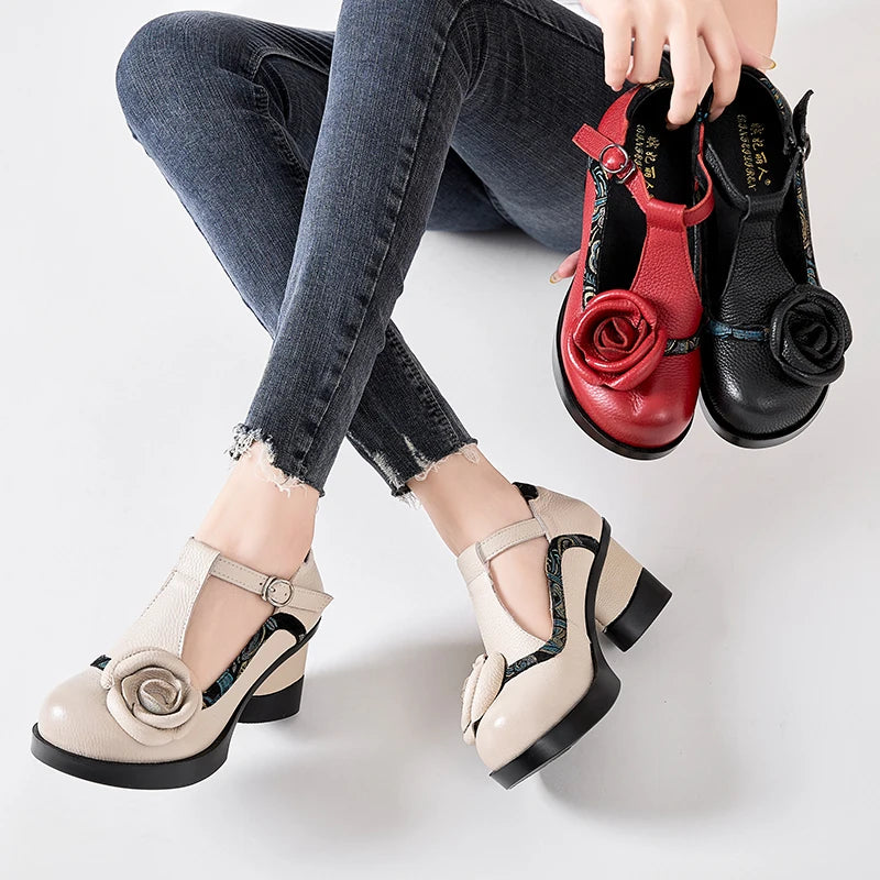 Spring Women Pumps Retro Lady 7CM High Heels Buckle Strap Flower Pumps Handmade Women Genuine Leather Shoes