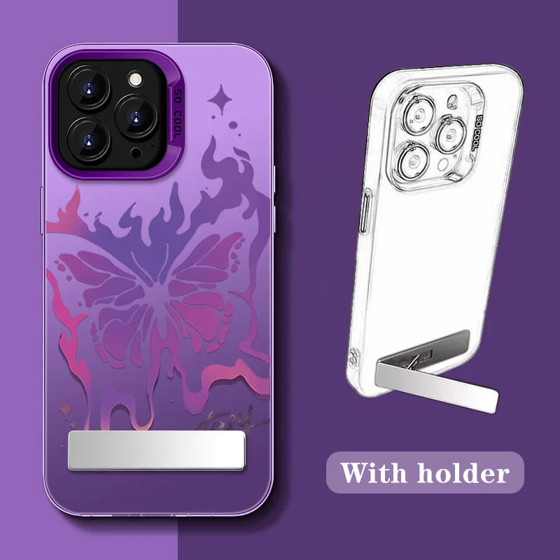 Purple Butterfly Phone Holder Case for iPhone 15 16 14 13 12 11 Pro Max X Xs Max XR 7 8 Plus Mini Luxury Aurora Stand Cover