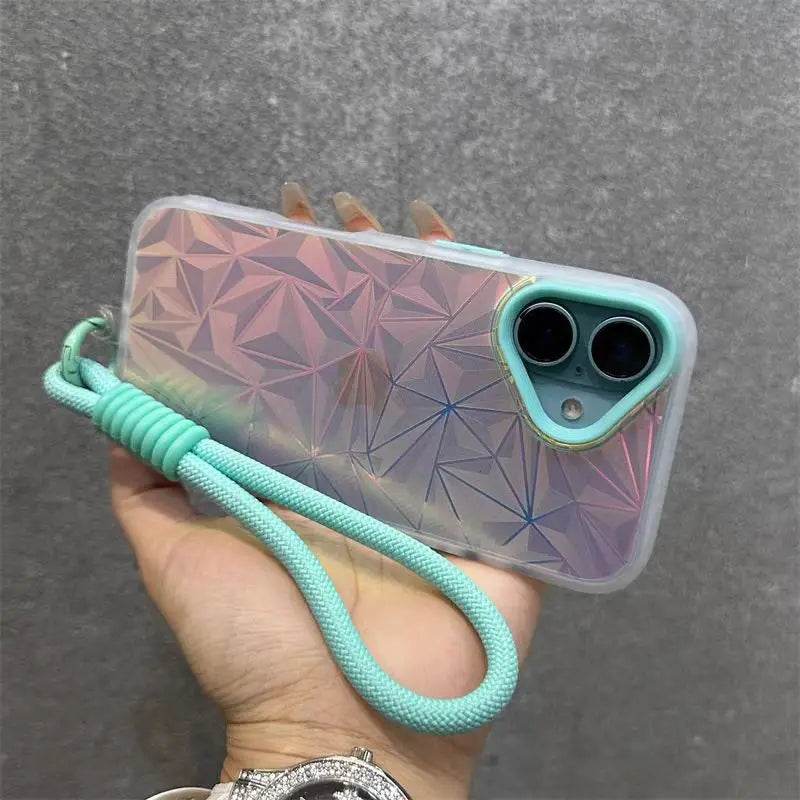 Wrist Strap Laser Diamond Pattern Case For iPhone 16 15 14 13 12 11 Pro Max Plus Dopamine Short Lanyard Shockproof Glitter Cover