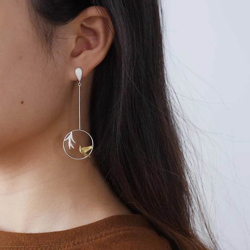 Lotus Fun Real 925 Sterling Silver Swallow and Willow in Spring Wind Long Asymmetrical Dangle Earrings for Women Fine Jewelry - Touchy Style