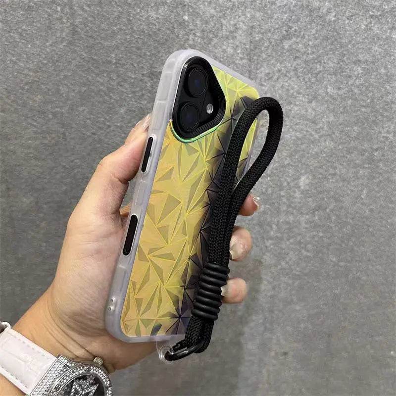 Wrist Strap Laser Diamond Pattern Case For iPhone 16 15 14 13 12 11 Pro Max Plus Dopamine Short Lanyard Shockproof Glitter Cover