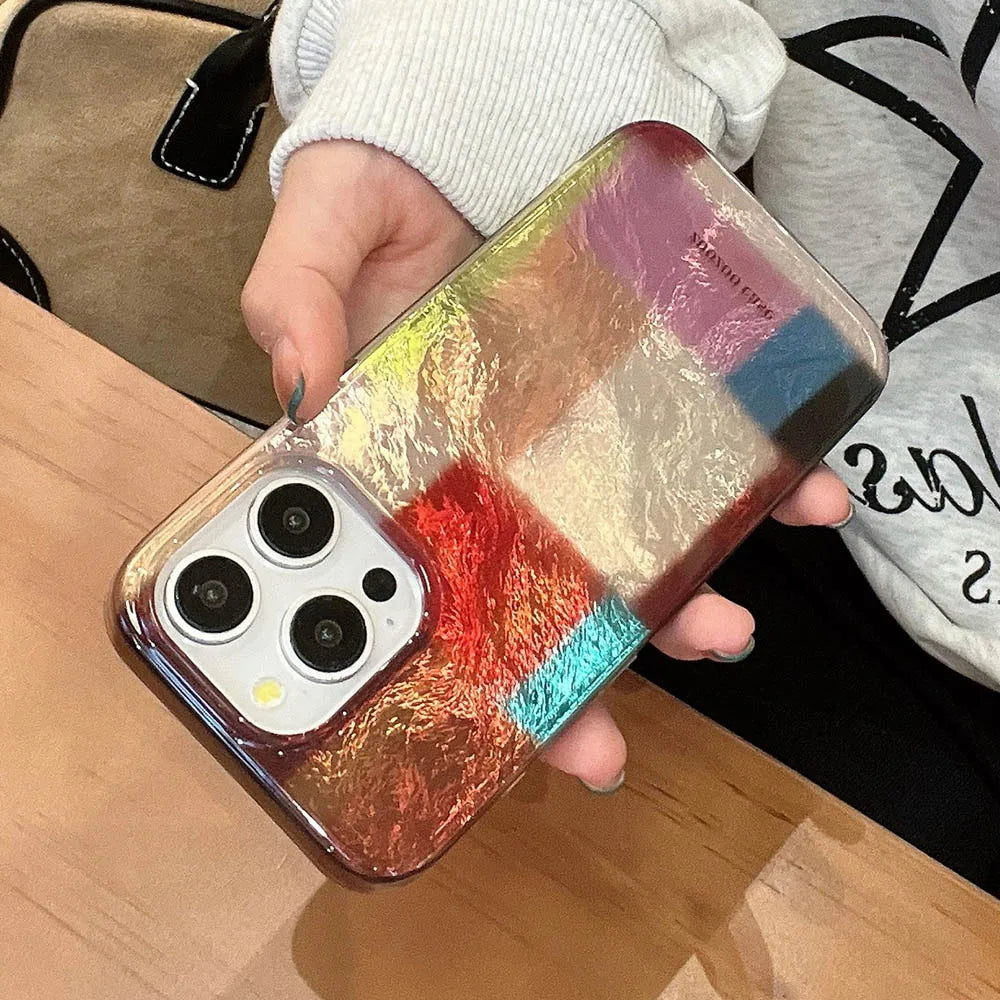 Vortex Pattern Color Grid Splicing Case For iPhone 16 Pro Max 15 14 13 12 Cover Cute Dopamine Color Block Match Plaid Soft Phone