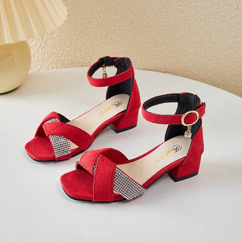 Children Sandals for Girls Rhinestones Toes Wrapped Chic Low Heels 2023 Sweet Princess Mary Janes for Party Wedding Shows Simple - Touchy Style