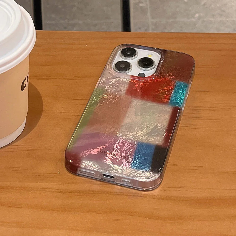 Vortex Pattern Color Grid Splicing Case For iPhone 16 Pro Max 15 14 13 12 Cover Cute Dopamine Color Block Match Plaid Soft Phone