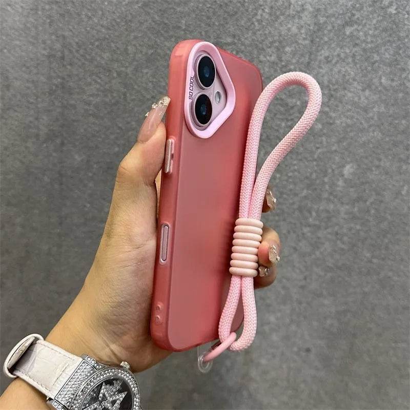 16e Silver IMD Metallic Aurora Matte Case For Phone 16 15 14 Pro Max 13 12 mini 11 16E Wristband Lanyard Slim Shockproof Cover - Touchy Style