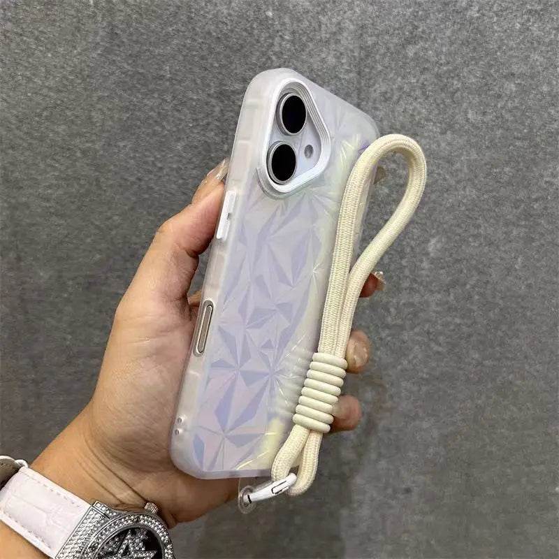 Wrist Strap Laser Diamond Pattern Case For iPhone 16 15 14 13 12 11 Pro Max Plus Dopamine Short Lanyard Shockproof Glitter Cover