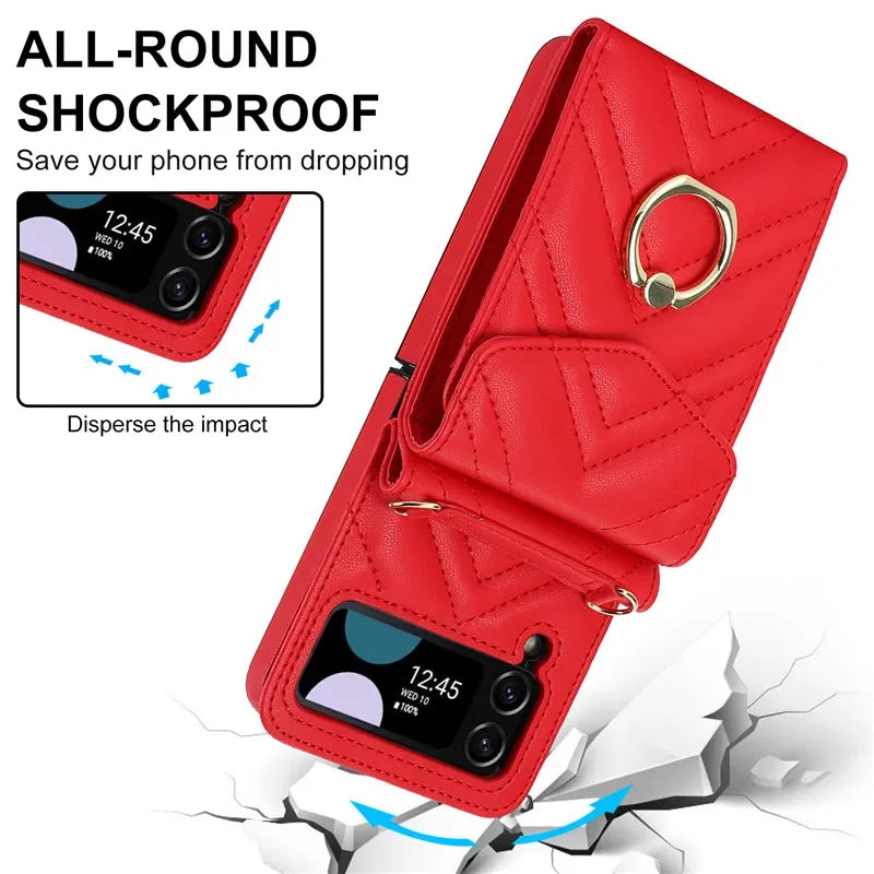BCPC947 Cute Phone Cases for Galaxy Z Flip 5, Galaxy Z Flip 4, and Galaxy Z Flip 3 - Luxury Crossbody Leather Wallet Cover