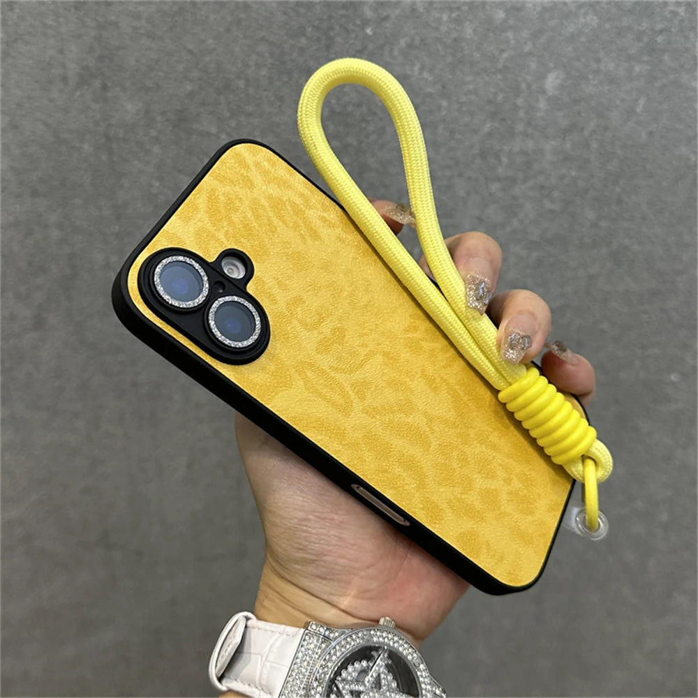 Fashion Leopard Print Pattern Bracelet Wrist Strap Cute Phone Case For iPhone 15 14 13 12 11 16 Pro Max Plus Shockproof Bumper Cover