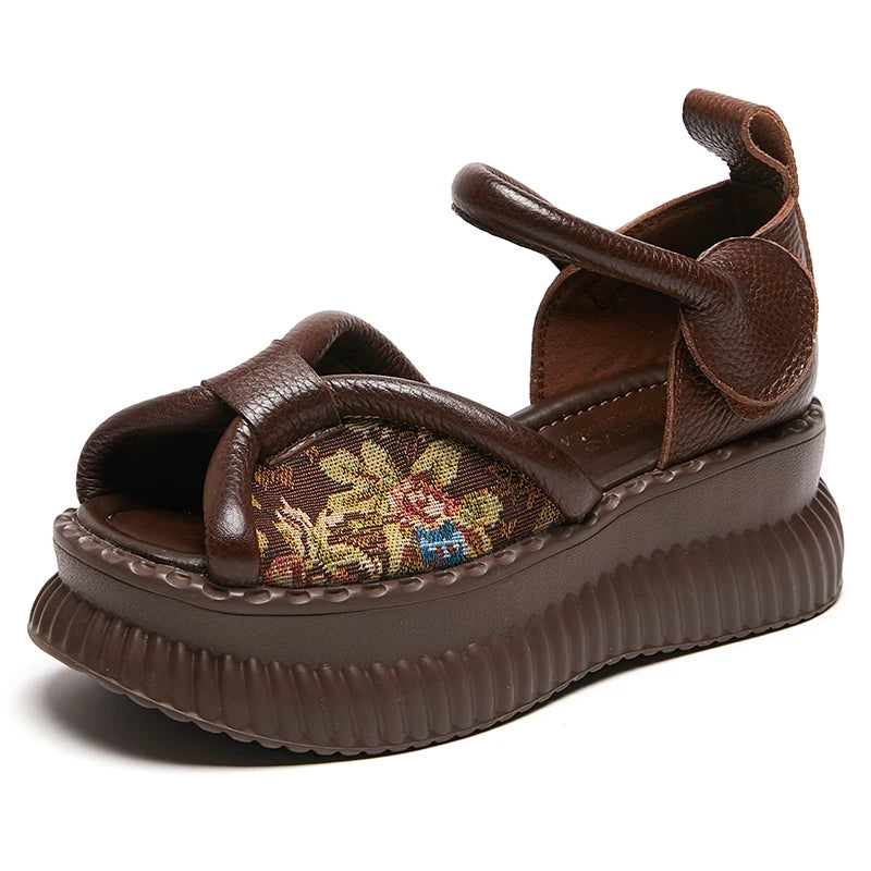 Summer New Versatile Genuine Leather Peep Toe Sandals Retro Comfortable Thick Soled Hook & Loop Women&