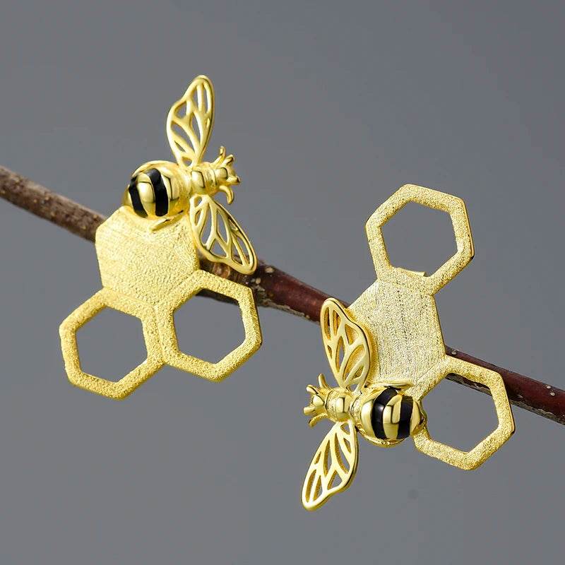 Lotus Fun 18K Gold Unusual Asymmetrical New Honeycomb and Bee Stud Earrings for Women Original Real 925 Sterling Silver Jewelry - Touchy Style