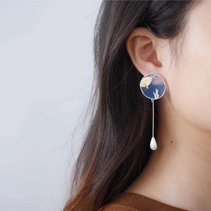 Lotus Fun Agate Exclusive Gemstone Underwater World Whale Asymmetrical Long Drop Earrings for Women 925 Sterling Silver Jewelry - Touchy Style