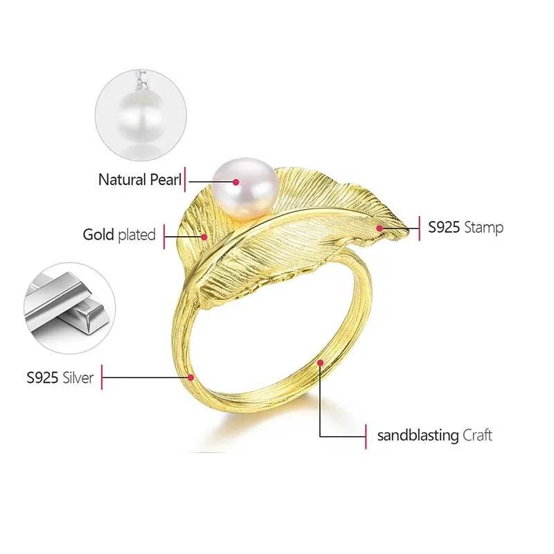 Lotus Fun 18K Gold Natural Pearl Adjustable Wedding New Leaf Rings for Women Real 925 Sterling Silver Dating Luxury Fine Jewelry - Touchy Style