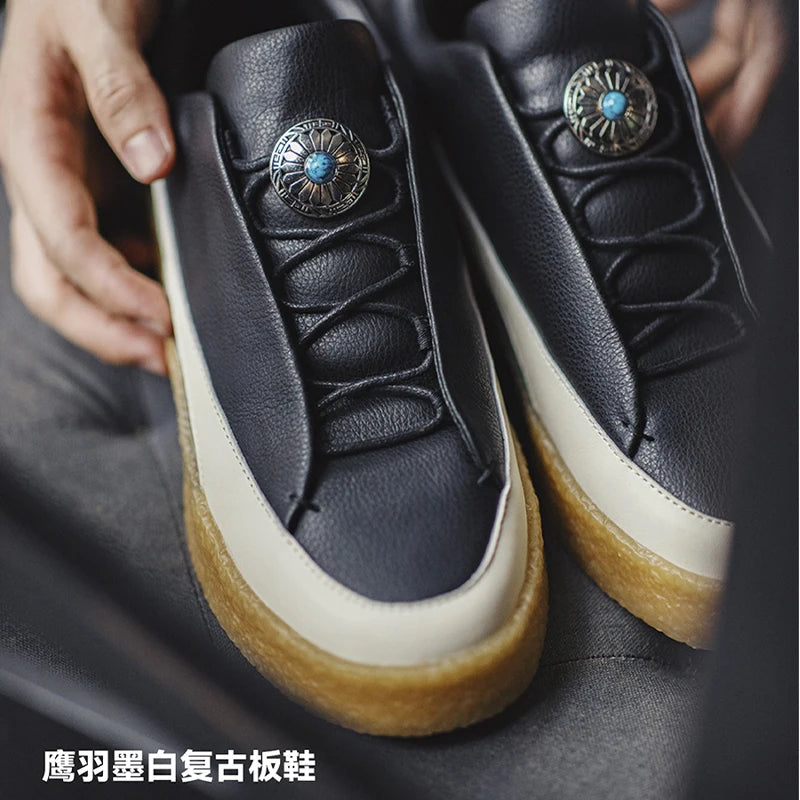 Maden Eagle Feather Retro Skate Shoes for Men Spring and Autumn Thick Bottom Casual Shoes Male Low-Top Versatile Shoes