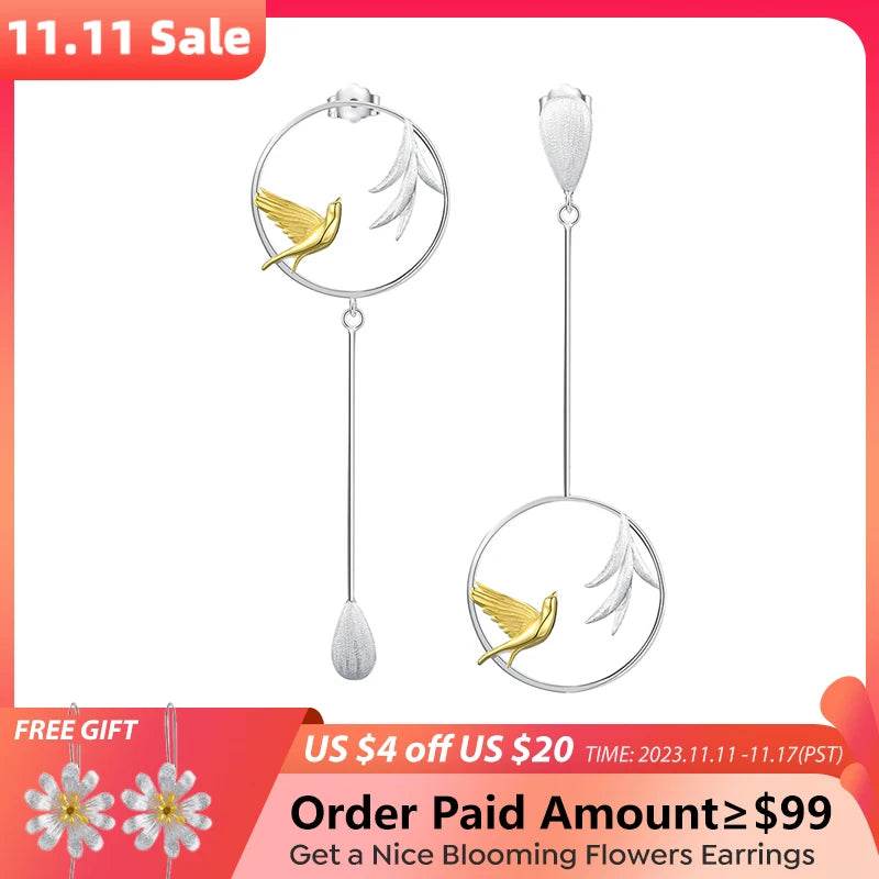 Lotus Fun Real 925 Sterling Silver Swallow and Willow in Spring Wind Long Asymmetrical Dangle Earrings for Women Fine Jewelry - Touchy Style