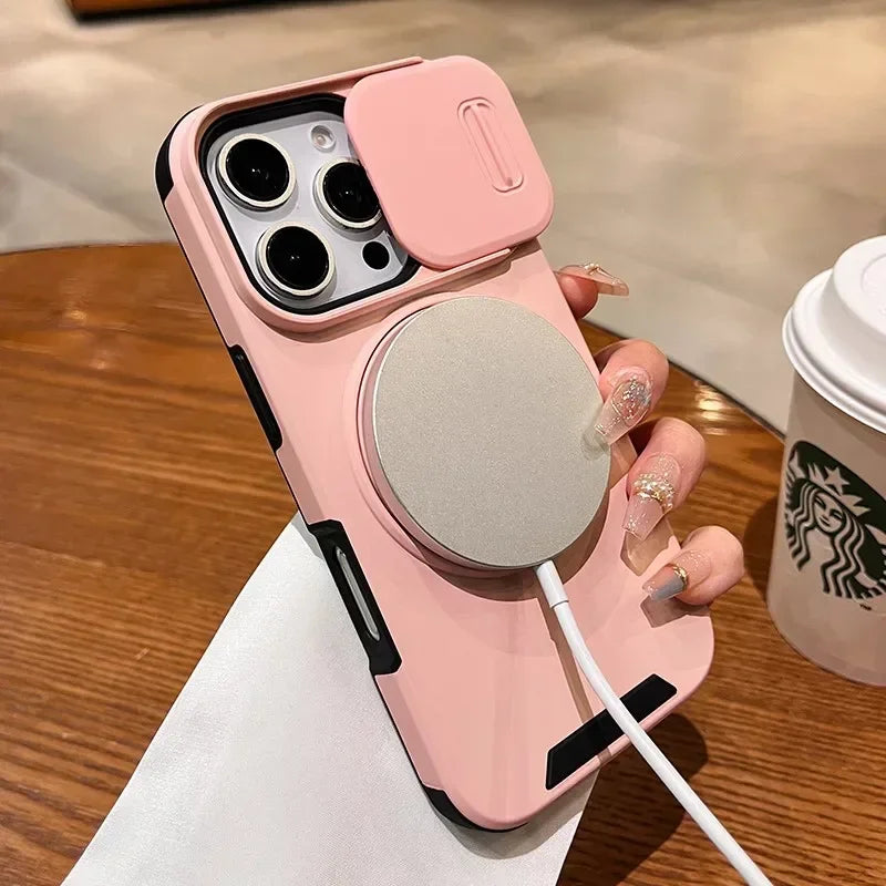 Slide Camera Protection Magnetic Bracket Magsafe Case for iPhone 15 12 11 13 14 16 Pro Max 16 Plus Heavy-Duty Rugged Armor Cover