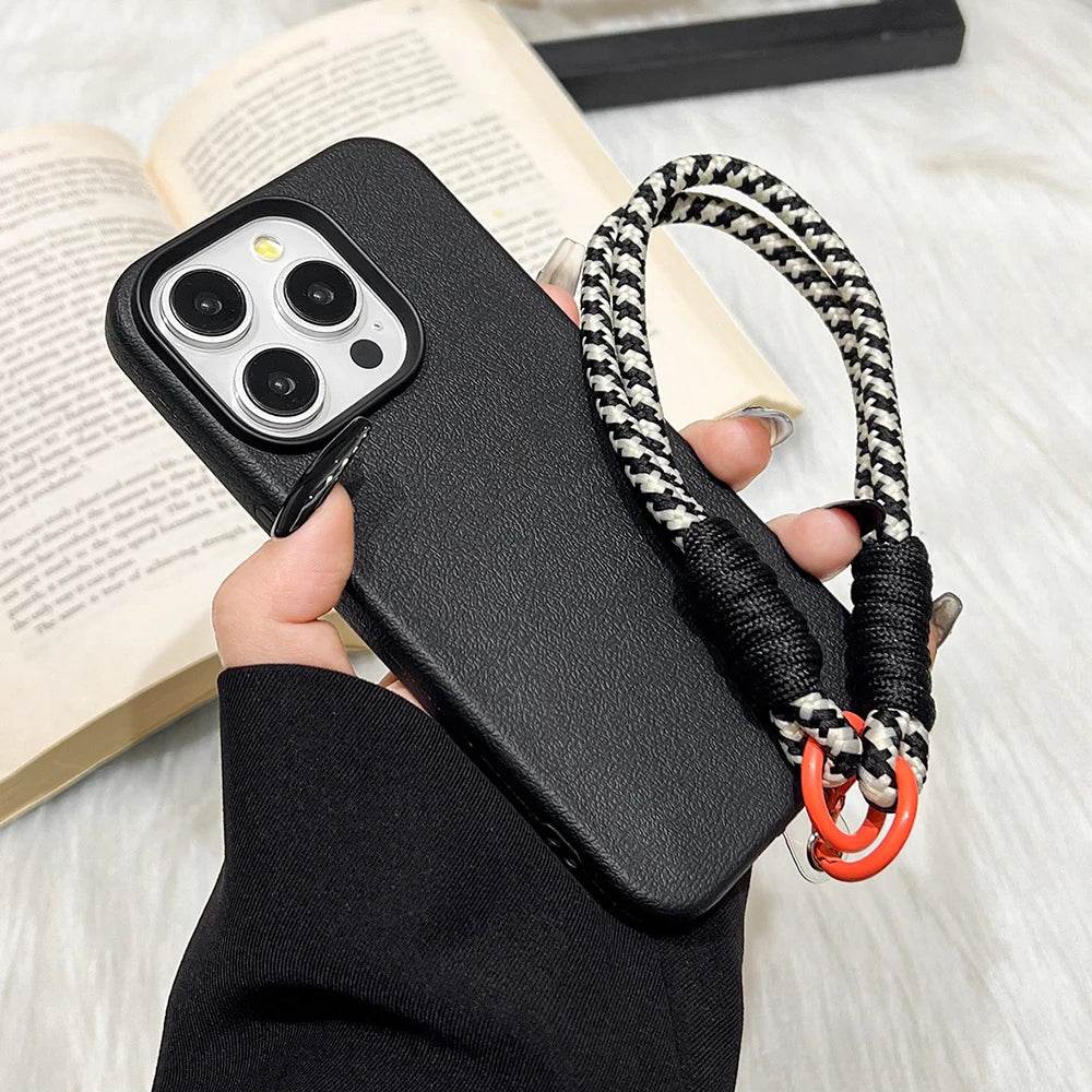 Lanyard Strap Rope Silicone Phone Case For iPhone 13 11 15 12 14 16 Pro Max Plus Soft Candy Color Lichee Pattern Leather Cover