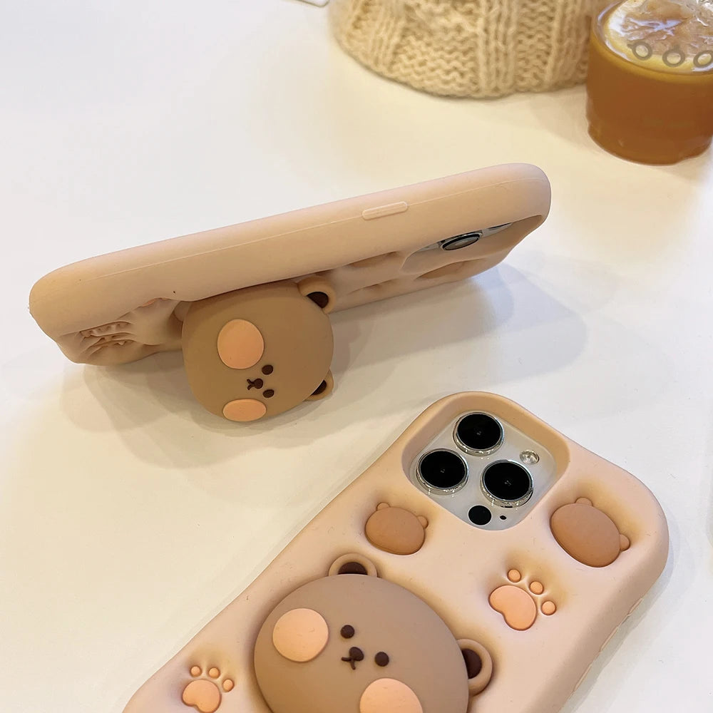 3D Bear Hidden Holder Cute Phone Case for iPhone 11, 12, 13, 14, 15 Pro Max, XS, XR, X, 7, 8 Plus