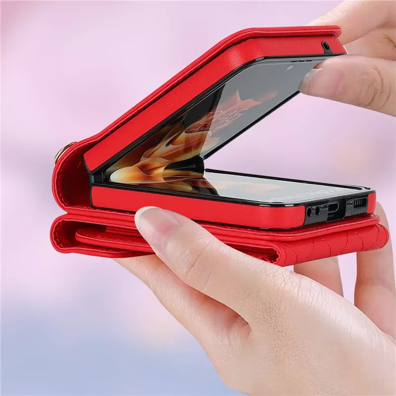 BCPC947 Cute Phone Cases for Galaxy Z Flip 5, Galaxy Z Flip 4, and Galaxy Z Flip 3 - Luxury Crossbody Leather Wallet Cover