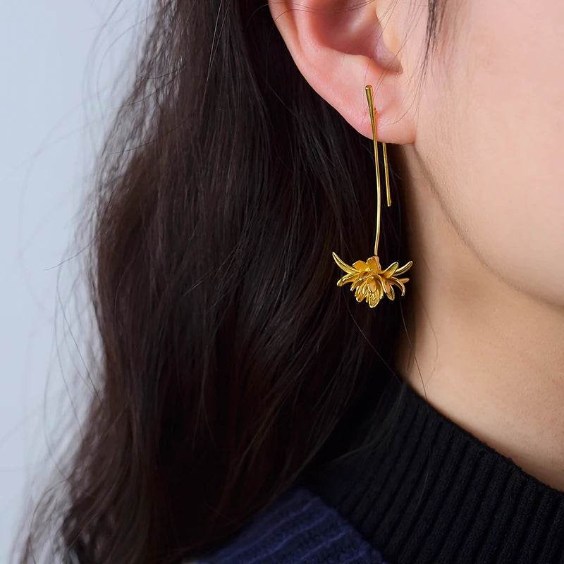 Lotus Fun 18K Gold Night-Blooming Cereus Flower Long Dangle Earrings for Women 925 Sterling Silver Original Luxury Fine Jewelry - Touchy Style