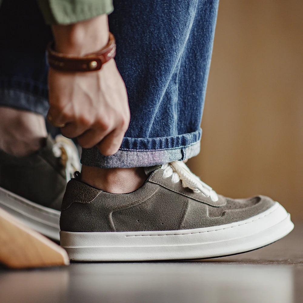 Maden Vintage Low Top Trendy Shoes Genuine Leather Shoes for Men Thick Soles Versatile Casual Increase Height Green Board Shoes