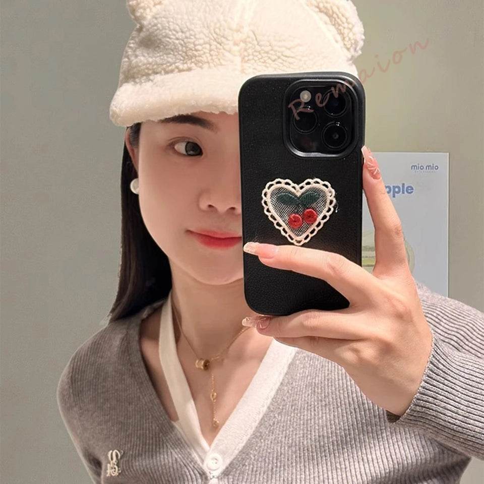 Pu Leather Cute Cherry Lace Phone Case For iPhone 15 14 13 12 11 16 Pro Max XS XR 7 8 Plus SE 2020 Protector Soft Candy Cover