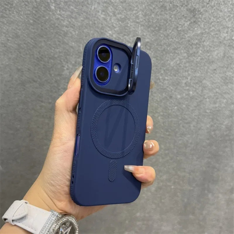 Luxury Camera Lens Stand Holder For Magsafe Case for iPhone 16 15 14 Plus 13 12 Pro Max 11 Matte Soft Lanyard Strap Band Cover