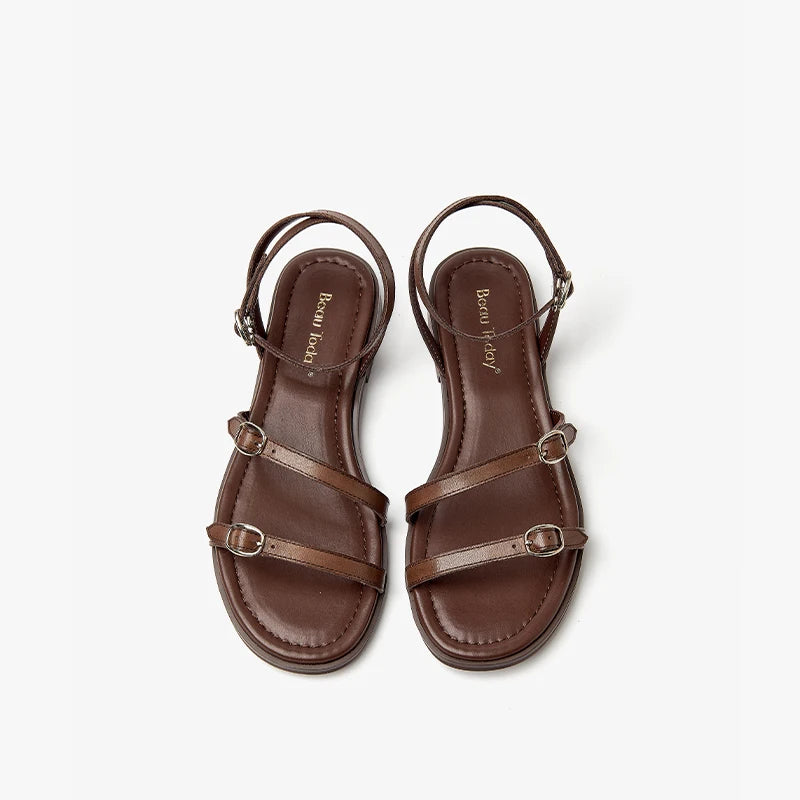 BEAUTODAY Fashion Sandals Women Cow Leather Buckle Strap Open Toe Solid Color Casual Ladies Flat Shoes Handmade 32403