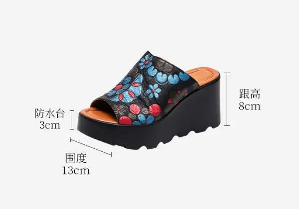 Genuine Leather Flowers Women Fashion Slippers Sandals New Summer Thick Sole High Heel Silppers Outer Wear Sandals