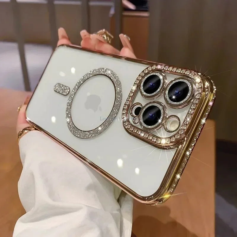 SCCPC1039 Cute Phone Case for iPhone 16, 15, 14, 13, 12, or 11 Pro Max Plus - Diamond Glitter Magnetic Charging Cover