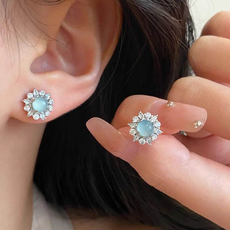 PANJBJ 925 Sterling Silver Blue Crystal Studs Earrings For Women Zircon Geometry Design Sweet Banquet Jewelry Gift Dropshipping - Touchy Style