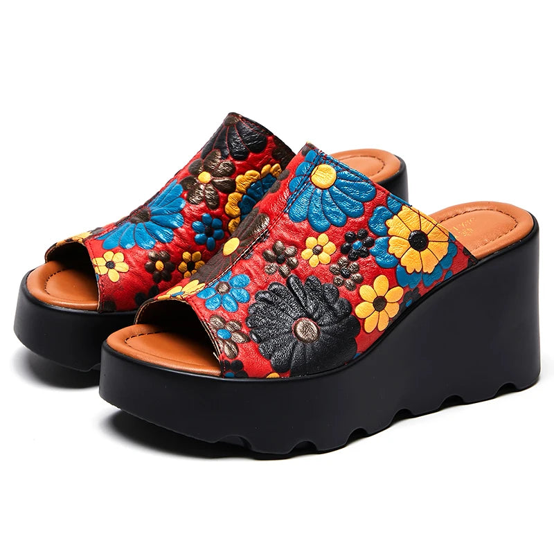 Genuine Leather Flowers Women Fashion Slippers Sandals New Summer Thick Sole High Heel Silppers Outer Wear Sandals