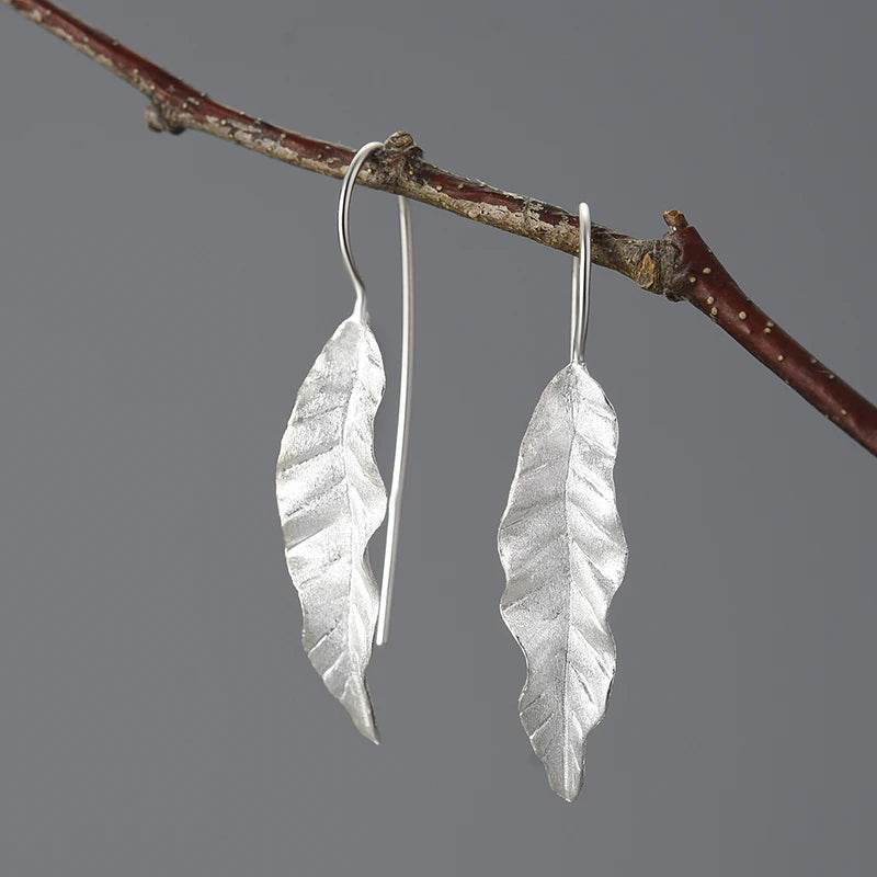 Lotus Fun 18K Gold Unusual New Long Green Ash Leaves Dangle Earrings for Women 925 Sterling Silver Luxury Quality Fine Jewelry - Touchy Style