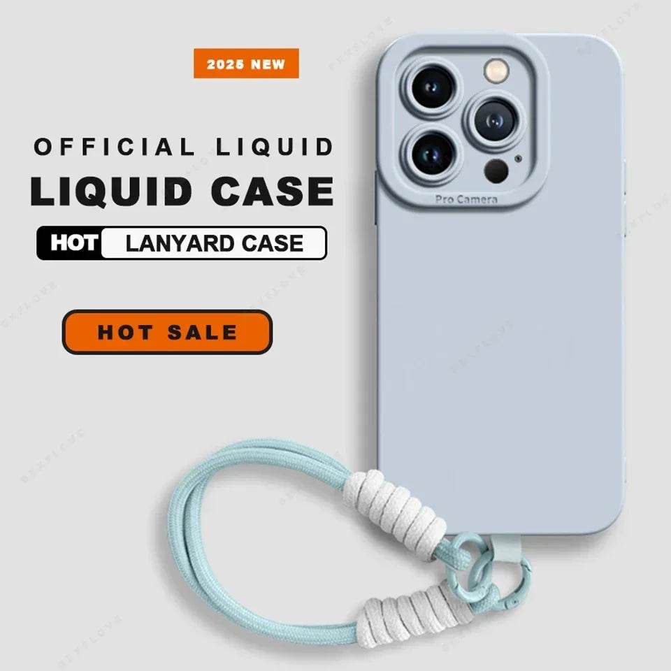 Phone Case For iPhone 16E 16 14 15 Plus 12 13 Mini 11 16 Pro X XR XS Max SE Liquid Silicone Charm Strap Lanyard Protector Cover - Touchy Style