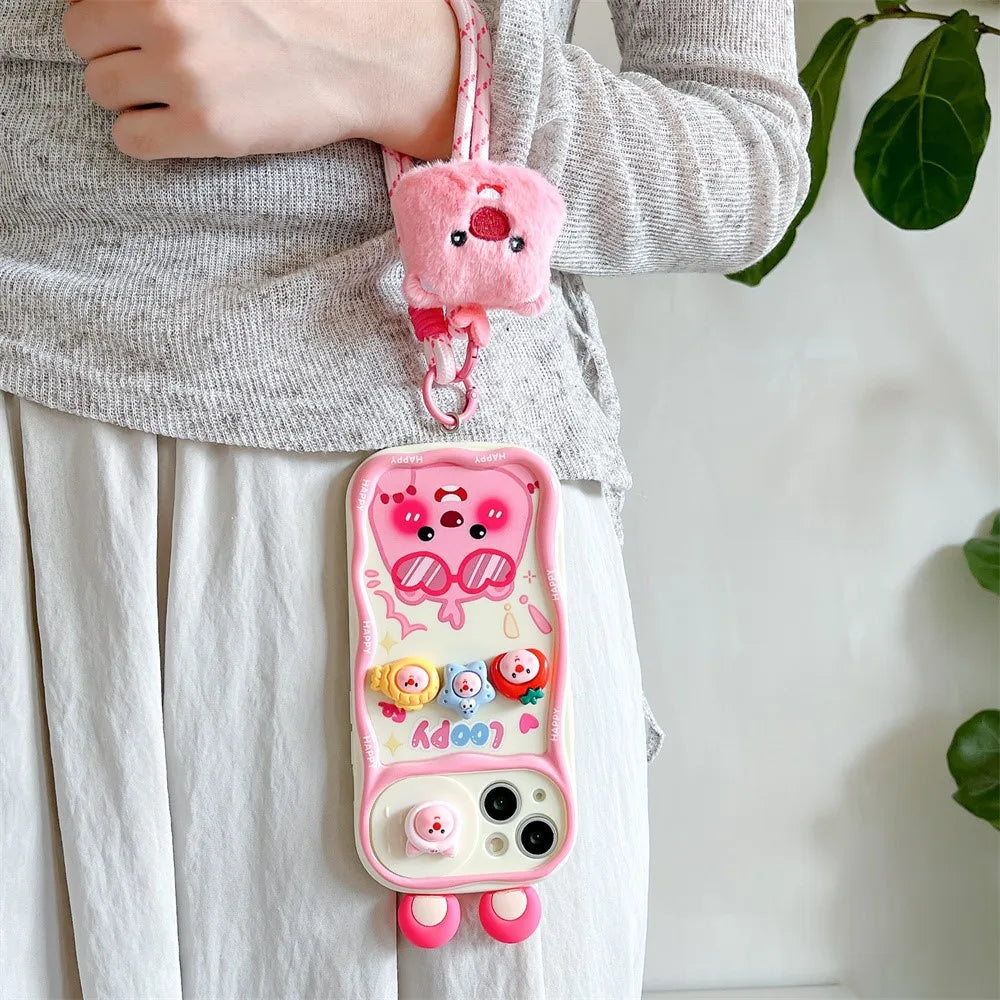 Cute 3D Cartoon Loopy Push-Pull Camera Phone Case for IPhone 16 15 Pro Max 14 Plus 13 12 Pro Max 11 with Strap Soft Back Cover