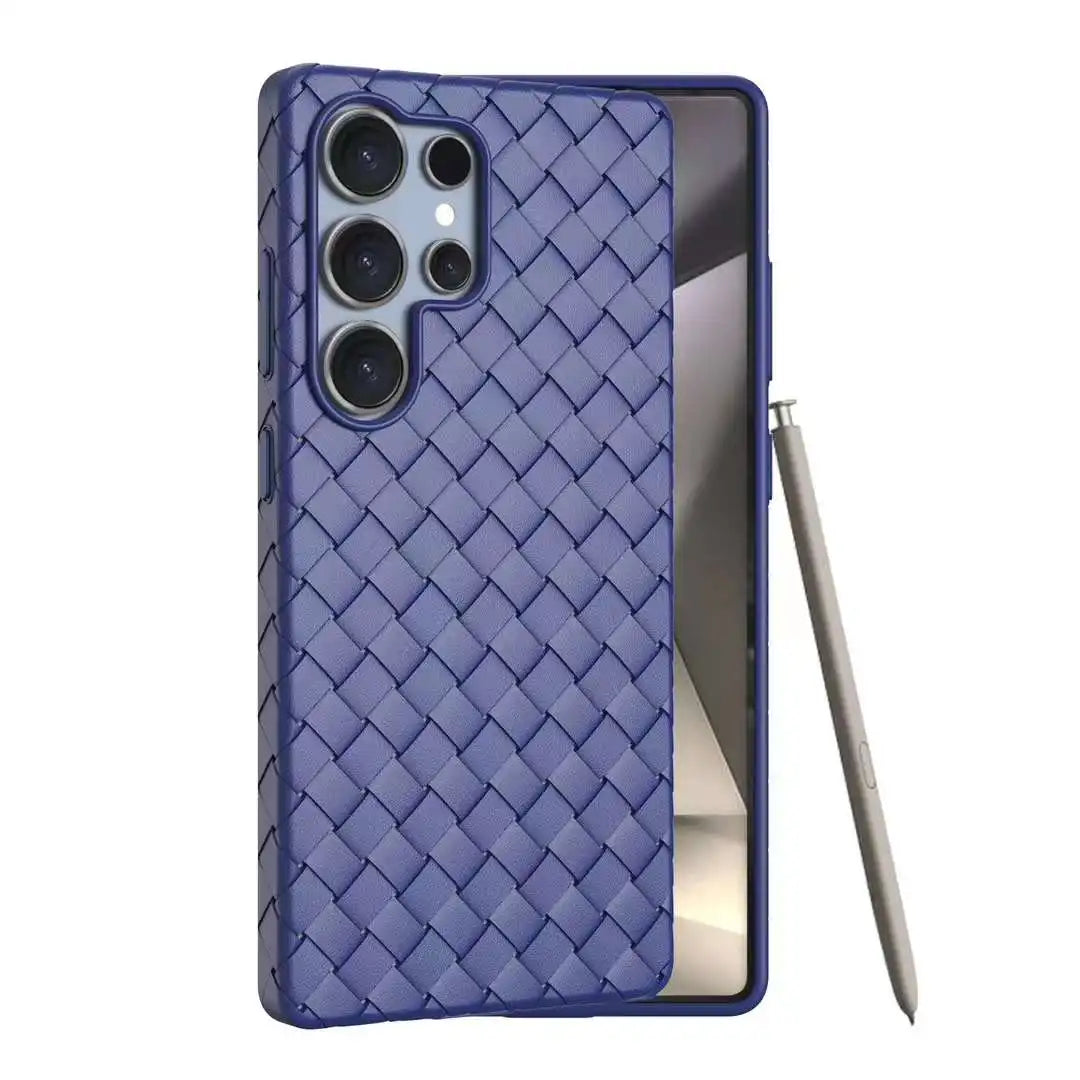 Luxury Leather Breathable Phone Case For Samsung Galaxy S25 Ultra Plus Weave Pattern Mesh Grid Heat Dissipation Cooling Cover